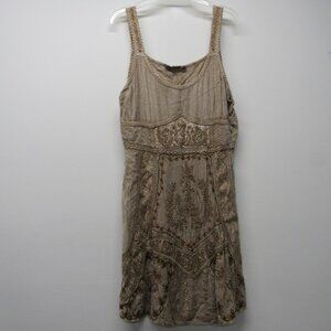 Magic Boho Mini Dress Sz M Tan Embroidered Peasant Ren Faire Feminine Neutral